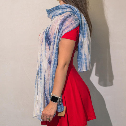 Bufanda de fiesta Sari Nomad Brillante – Azul oscuro (180×50 cm) - azul oscuro boho chic brillo sutil | El Bazar de Tizar