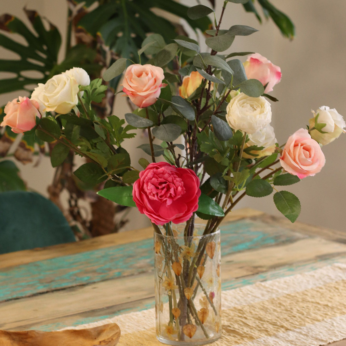 Portavelas jarrón alto de Vidrio floral natural - Rosa (19x11 cm)