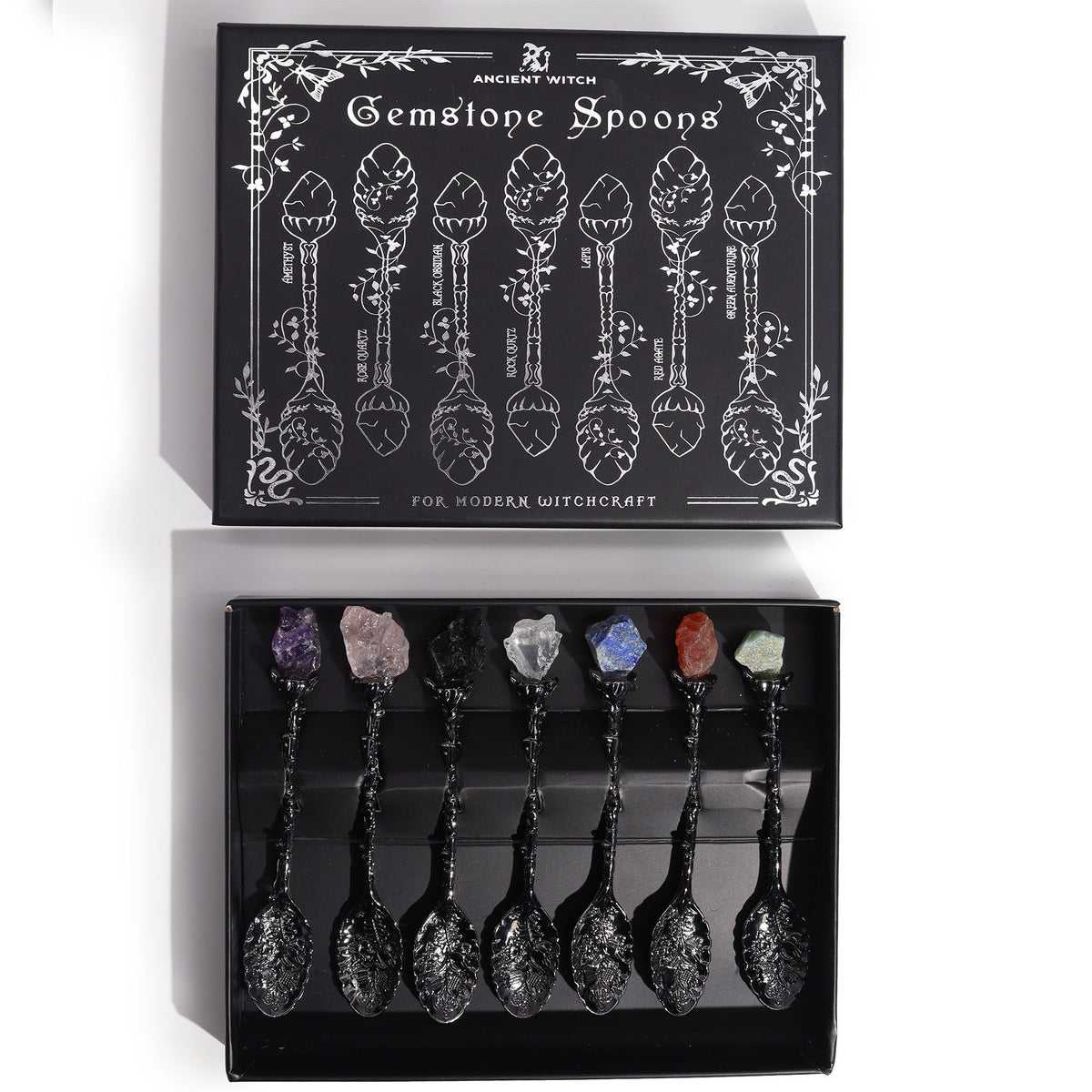 Juego de 7 Cucharas de Bruja de Cristal de Piedra Preciosa de Plata Oscura - Conjunto de Cucharas con Piedras Preciosas