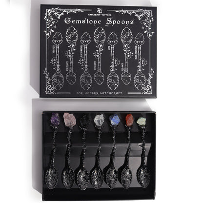 Juego de 7 Cucharas de Bruja de Cristal de Piedra Preciosa de Plata Oscura - Conjunto de Cucharas con Piedras Preciosas