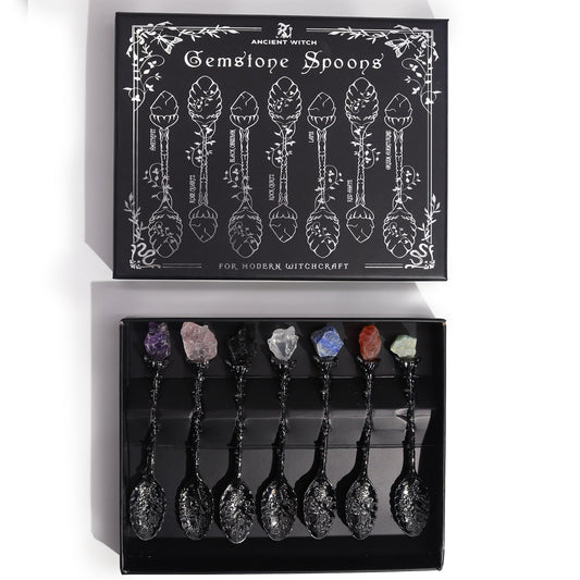 Juego de 7 Cucharas de Bruja de Cristal de Piedra Preciosa de Plata Oscura - Conjunto de Cucharas con Piedras Preciosas
