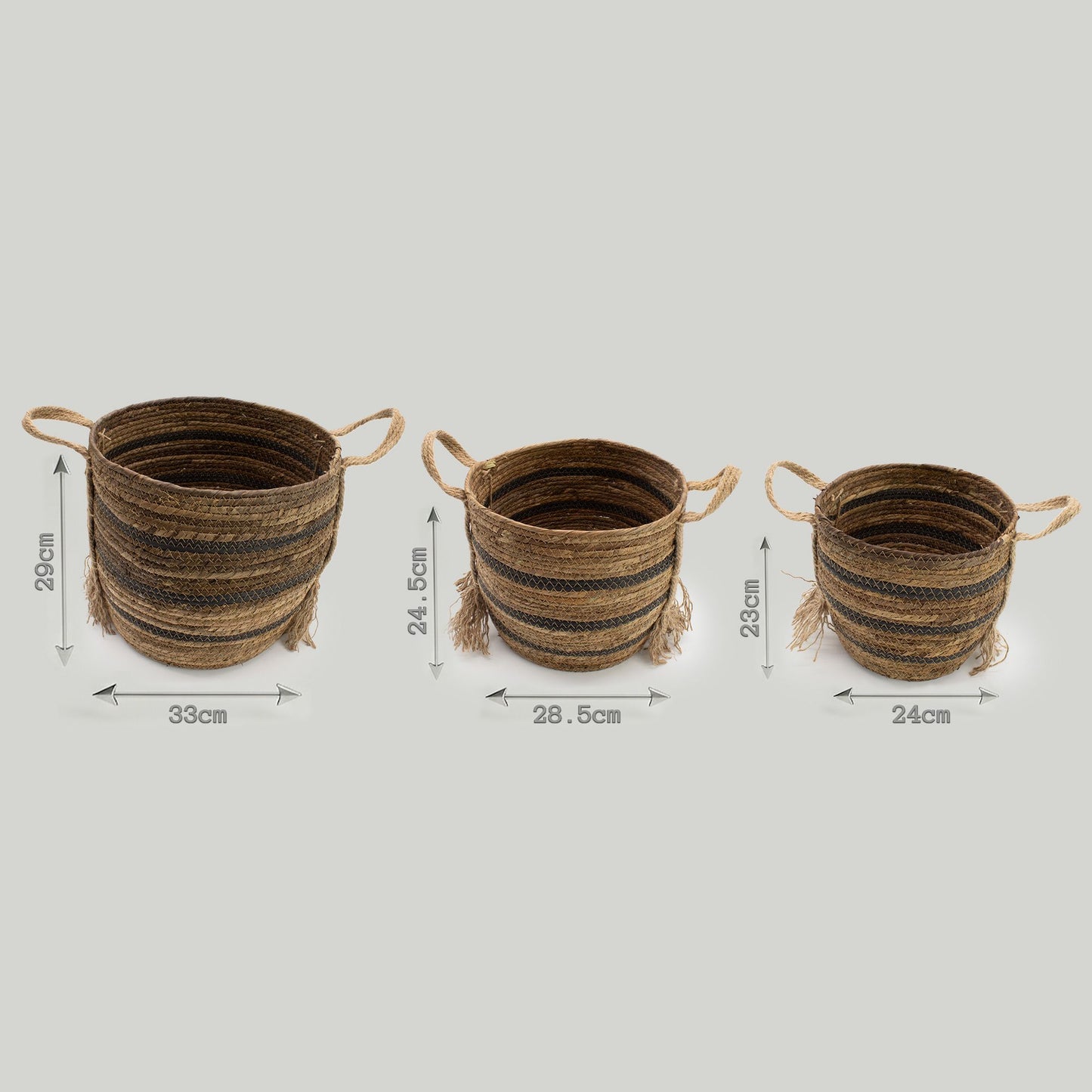 Cestas grandes de hoja de plátano y pasto marino - marrón natural - set de 3