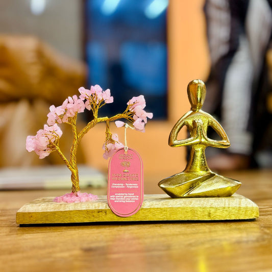 Jardín de Yoga con Piedras Preciosas - Postura Namaste - Árbol Inclinado de Cuarzo Rosa - 100 piedrecitas