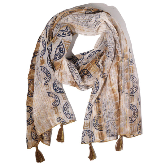 Nomad Sari Bufanda de impresión Marbella de verano - Café con Oro (180x50 cm) | Colección Mediterránea Nomad Sari | El Bazar