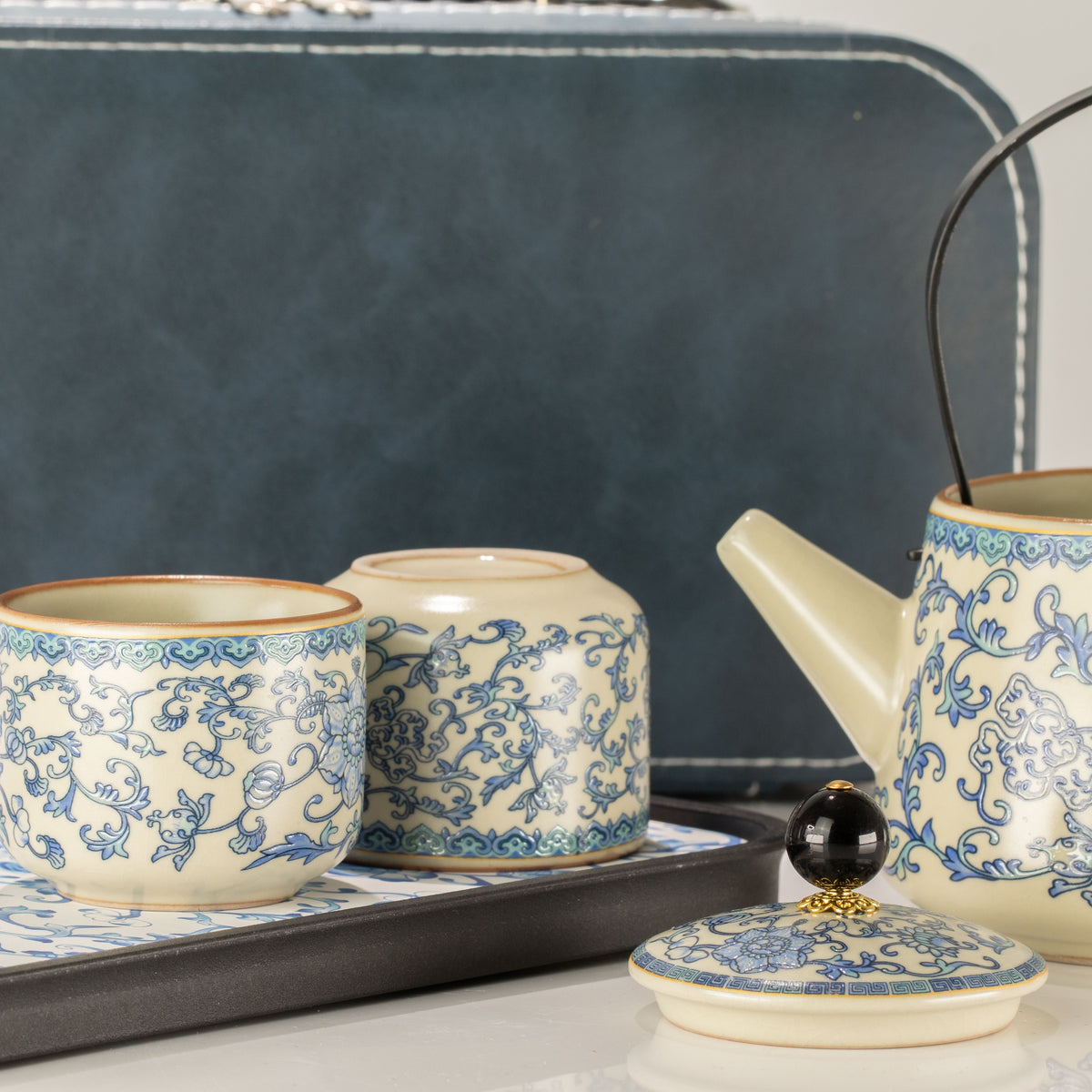 Conjunto de tetera de viaje y dos tazas - China Ru Azul