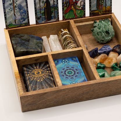 Caja de tarot de cuatro compartimentos con soporte para cartas - Almacenamiento de cartas del Tarot y cajas de lectura, Artis