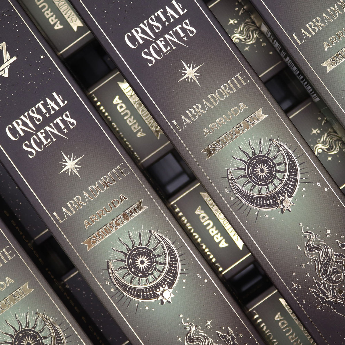 Cristal de Labradorita Aromas de Purificación Incienso - Ruda - Incienso Smudge de Crystal Scents, Artisan Product