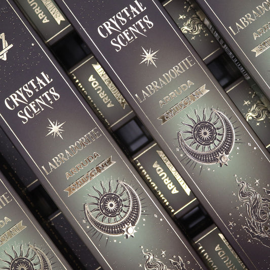 Cristal de Labradorita Aromas de Purificación Incienso - Ruda - Incienso Smudge de Crystal Scents, Artisan Product