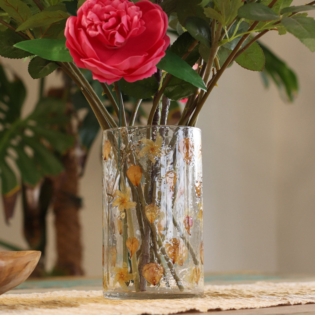 Portavelas jarrón alto de Vidrio floral natural - Rosa (19x11 cm)