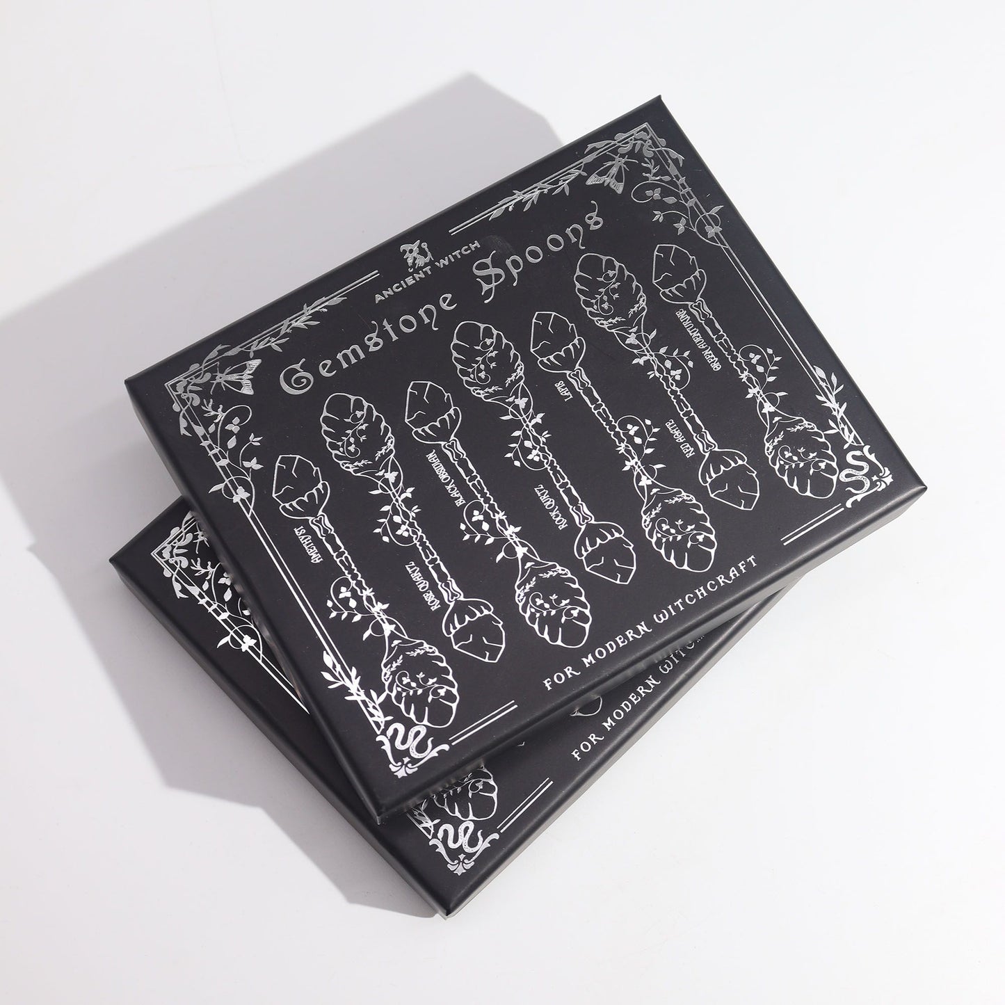 Juego de 7 Cucharas de Bruja de Cristal de Piedra Preciosa de Plata Oscura - Conjunto de Cucharas con Piedras Preciosas