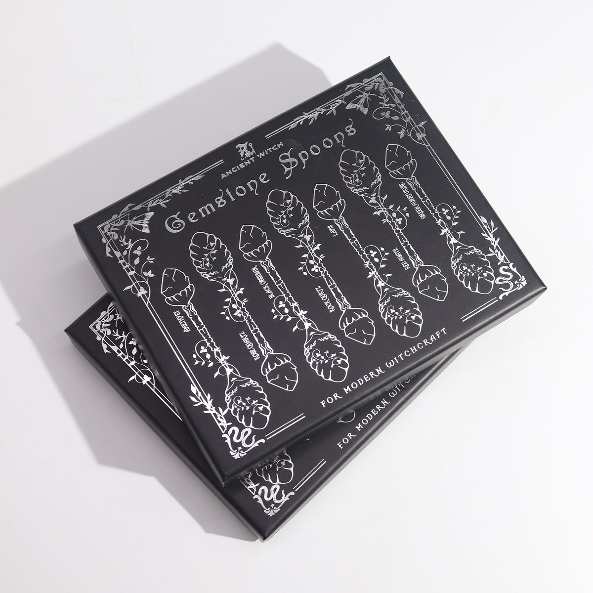 Juego de 7 Cucharas de Bruja de Cristal de Piedra Preciosa de Plata Oscura - Conjunto de Cucharas con Piedras Preciosas
