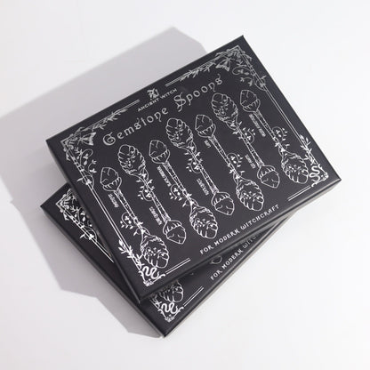 Juego de 7 Cucharas de Bruja de Cristal de Piedra Preciosa de Plata Oscura - Conjunto de Cucharas con Piedras Preciosas