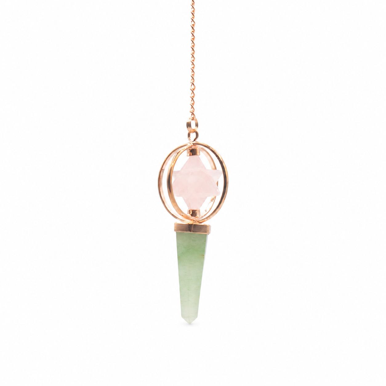 Brújula del Corazón - Estrella Merkaba giratoria de dos piezas en péndulo de cobre - cuarzo rosa y aventurina verde - Péndulo