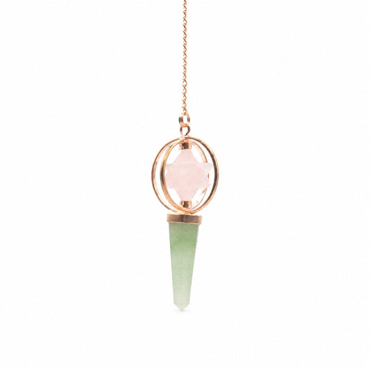 Brújula del Corazón - Estrella Merkaba giratoria de dos piezas en péndulo de cobre - cuarzo rosa y aventurina verde - Péndulo