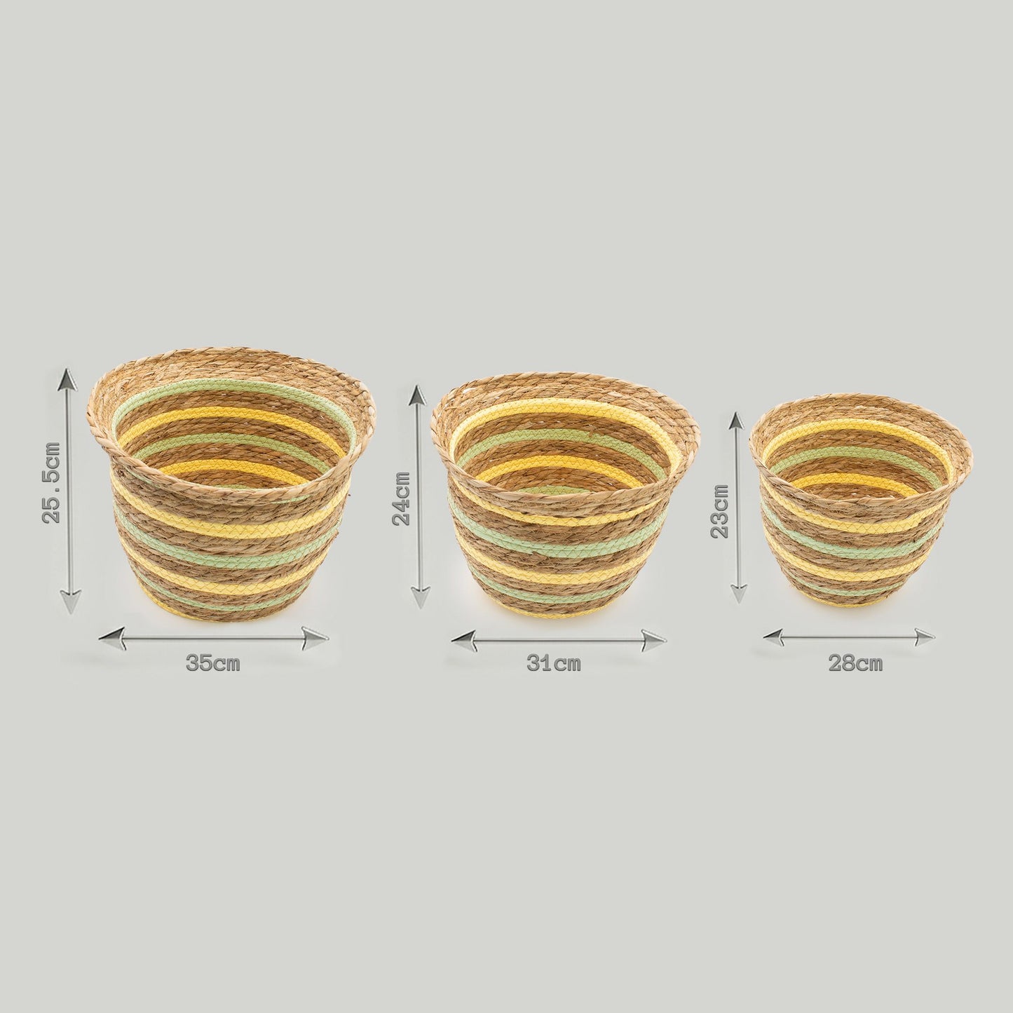 Cestas con forma de jarrón de hierba marina y paja - Amarillo natural y verde - Juego de 3