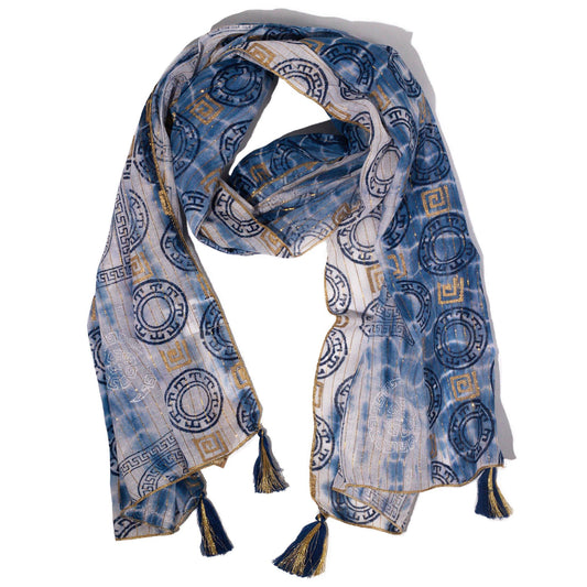 Nomad Sari Bufanda estampada de Marbella para verano - Azul con dorado (180x50cm) | Colección Mediterránea Nomad Sari | El Ba