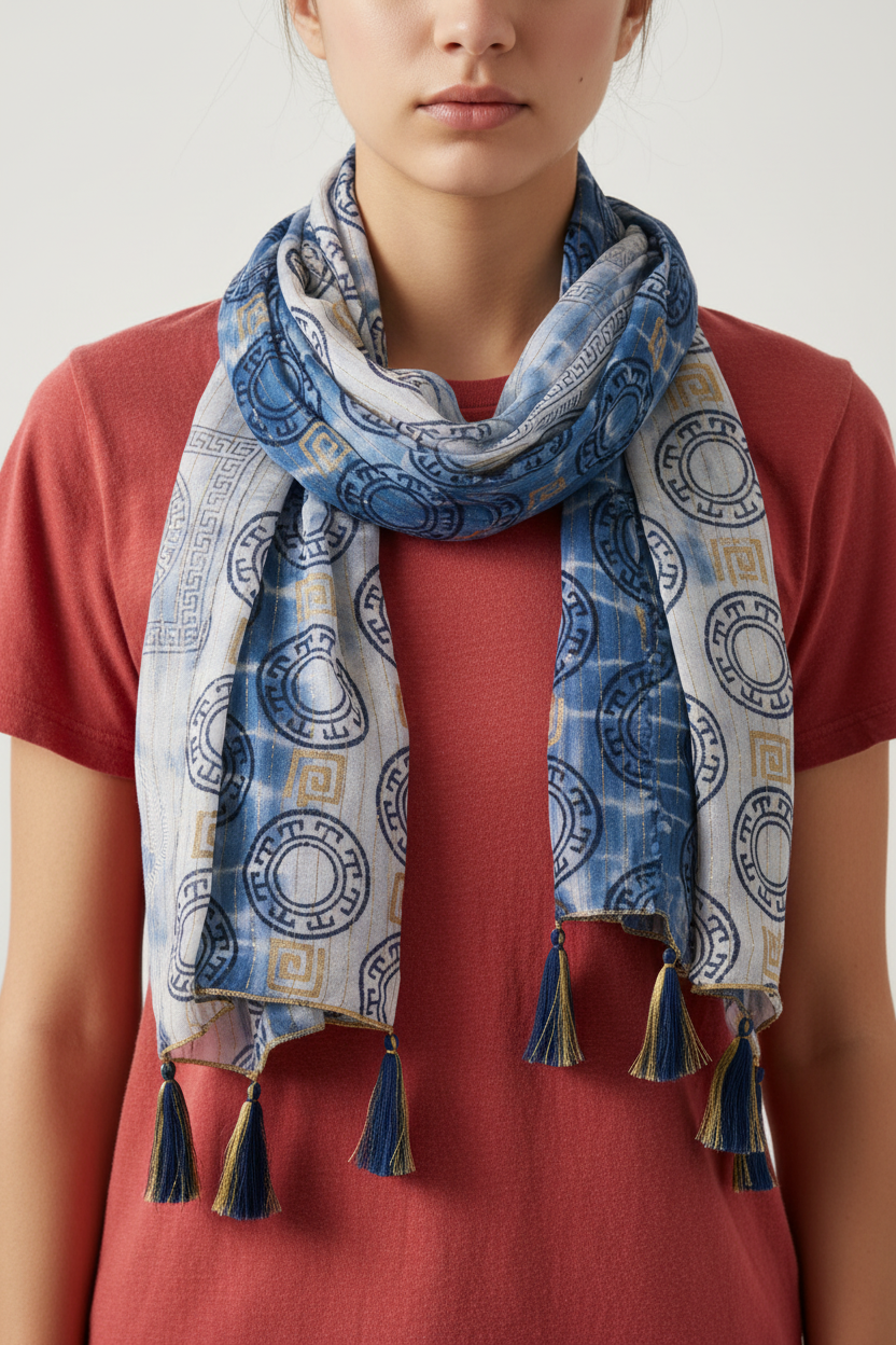 Nomad Sari Bufanda estampada de Marbella para verano - Azul con dorado (180x50cm)