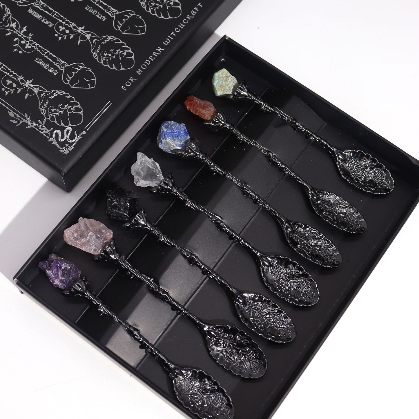 Juego de 7 Cucharas de Bruja de Cristal de Piedra Preciosa de Plata Oscura - Conjunto de Cucharas con Piedras Preciosas