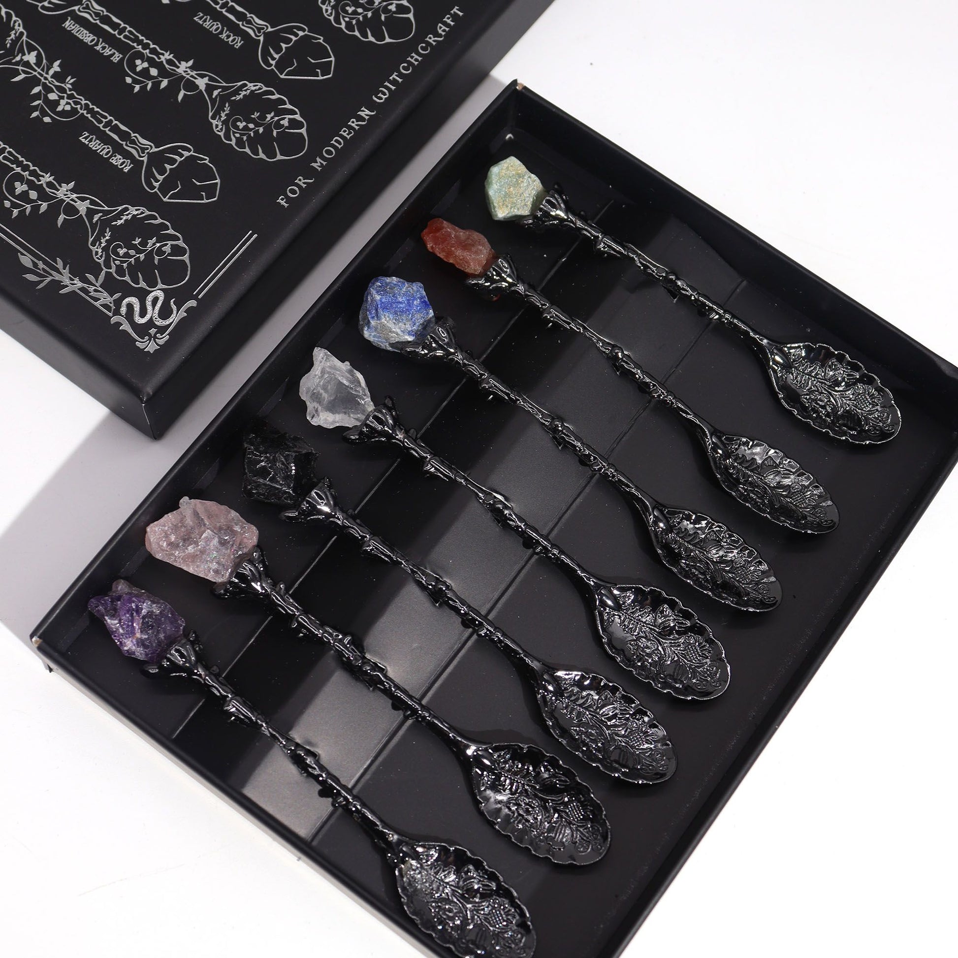 Juego de 7 Cucharas de Bruja de Cristal de Piedra Preciosa de Plata Oscura - Conjunto de Cucharas con Piedras Preciosas