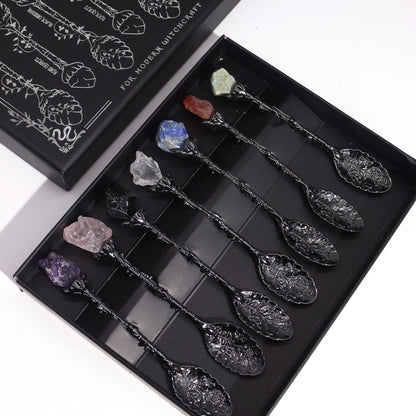 Juego de 7 Cucharas de Bruja de Cristal de Piedra Preciosa de Plata Oscura - Conjunto de Cucharas con Piedras Preciosas