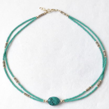 Collar nepalí extrafino de dos líneas - Colgante de turquesa y lapislázuli