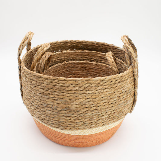 Cestas grandes de paja y pasto marino - Natural y naranja - Conjunto de 3