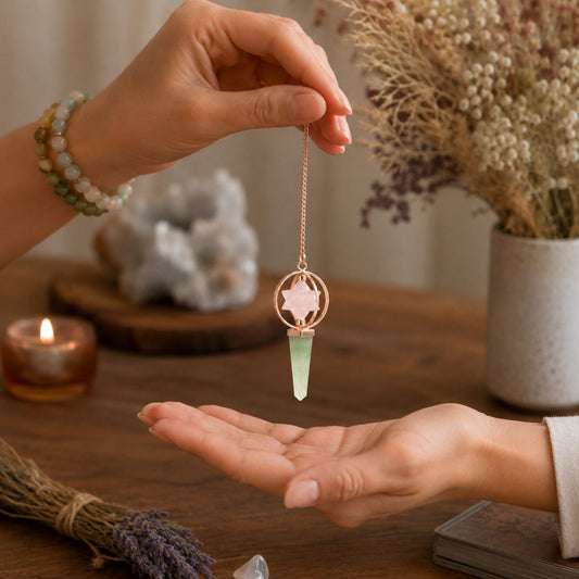 Brújula del Corazón - Estrella Merkaba giratoria de dos piezas en péndulo de cobre - cuarzo rosa y aventurina verde - Péndulo