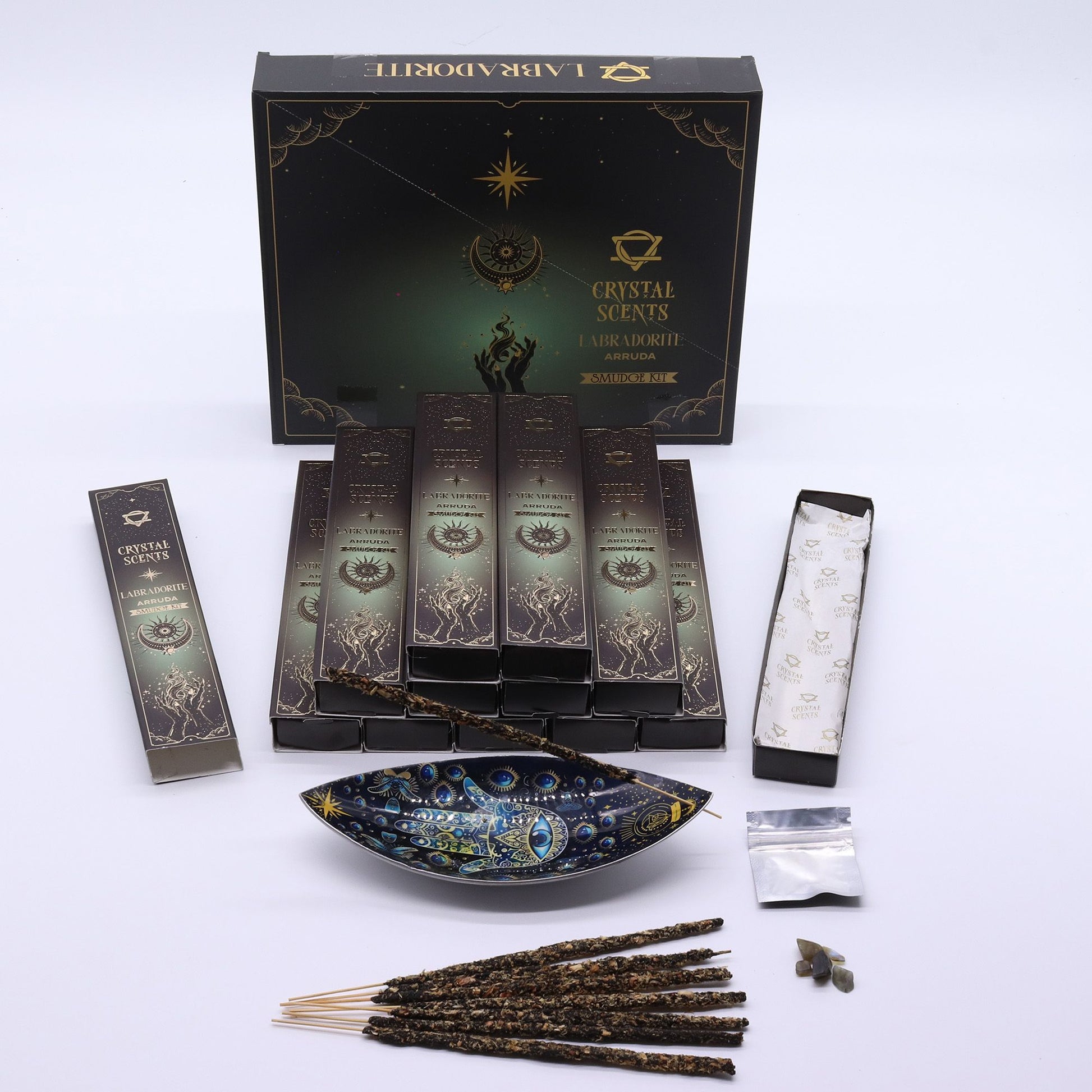 Cristal de Labradorita Aromas de Purificación Incienso - Ruda - Incienso Smudge de Crystal Scents, Artisan Product