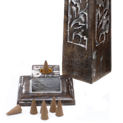 Tapered Incense Tower Washed Des2 - Mango Wood - Soporte de Incienso