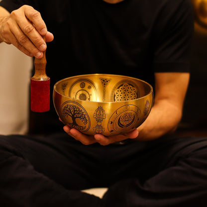 Cuencos Buda grabado en latón puro - Juego de 4 - Aproximadamente 3,85 kg - Artículos Tibetanos