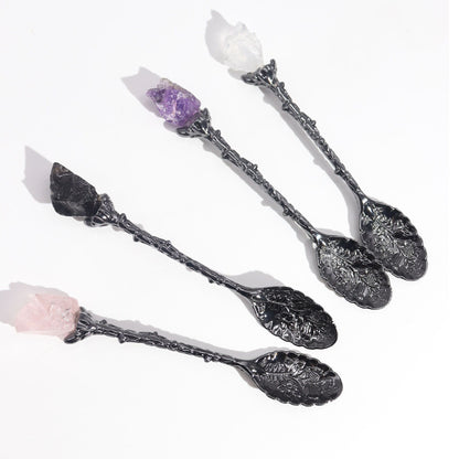 Juego de 7 Cucharas de Bruja de Cristal de Piedra Preciosa de Plata Oscura - Conjunto de Cucharas con Piedras Preciosas