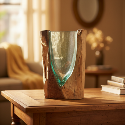 V-Shaped Fused Glass Art Vase on Wood
