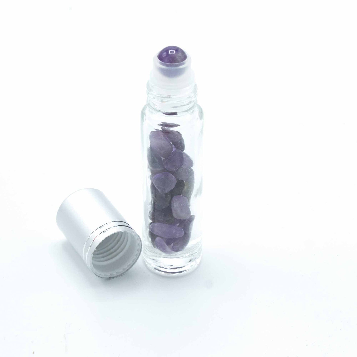 Botella de rodillo de aceite esencial de piedras preciosas - Amatista - Tapa plateada - Botellas Roll-on con gemas 10ml