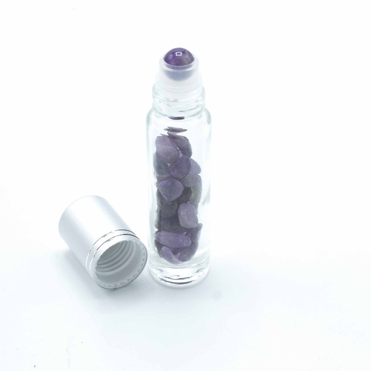 Botella de rodillo de aceite esencial de piedras preciosas - Amatista - Tapa plateada - Botellas Roll-on con gemas 10ml