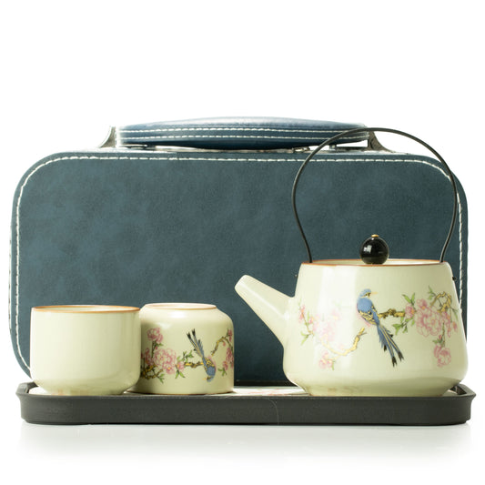 Juego de tetera para viaje y dos tazas - Pájaro Azul de la Dinastía Qing - Juego de tetera de hierbas | El Bazar de Tizar