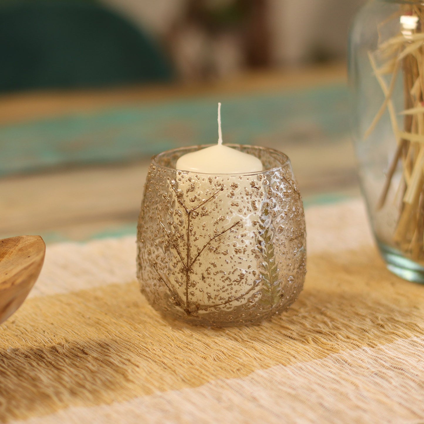 Portavelas recto de Vidrio floral natural - Pino (10x9cm) - Portavelas de vidrio con motivos florales naturales