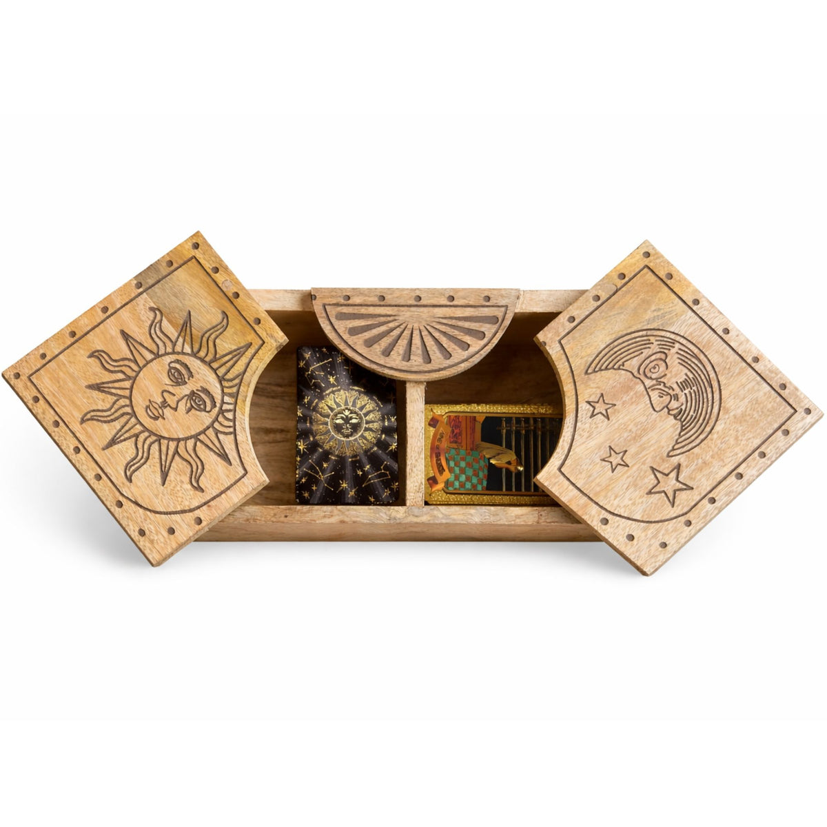 Caja deslizante tallada con Sol y Luna