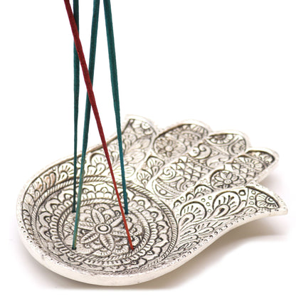 Porta-incienso Hamsa de Aluminio Pulido 18x13cm - Portainciensos de aluminio hechos a mano