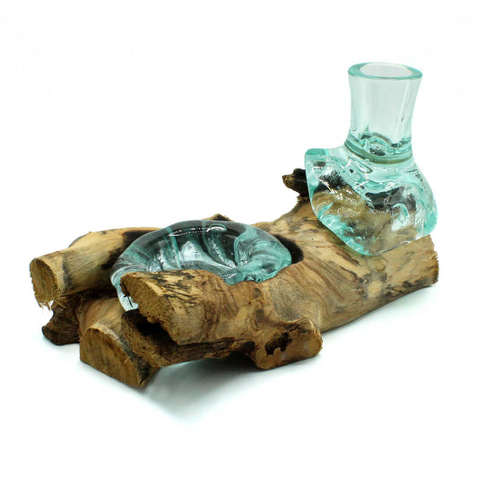 Petit vase en verre fondu et chandelier en bois