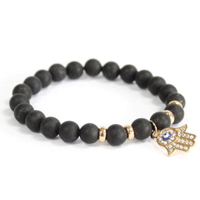 Hamsa / Agate noire - Bracelet en pierres précieuses