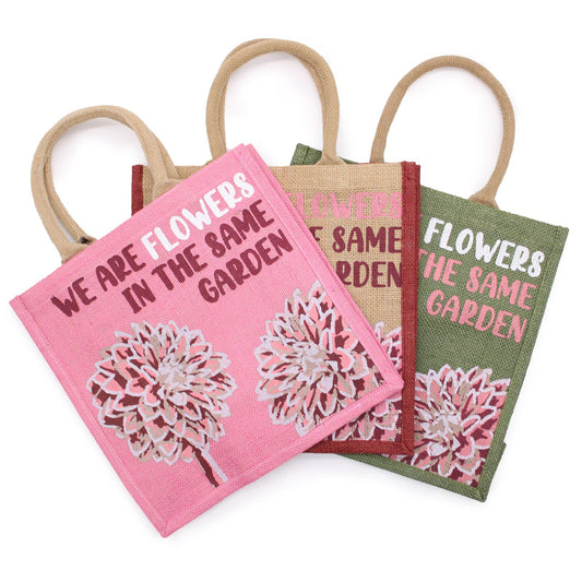 bolsa de yute estampada - Somos flores - Oliva, Rosa y Natural - bolsa de yute estampada