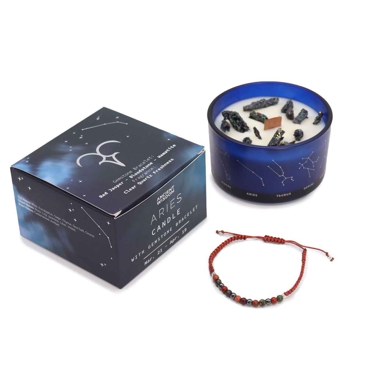 Vela de Cristal del Zodiaco con Pulsera de Piedras Preciosas - Aries - Velas de cristal del zodiaco con brazalete de piedras