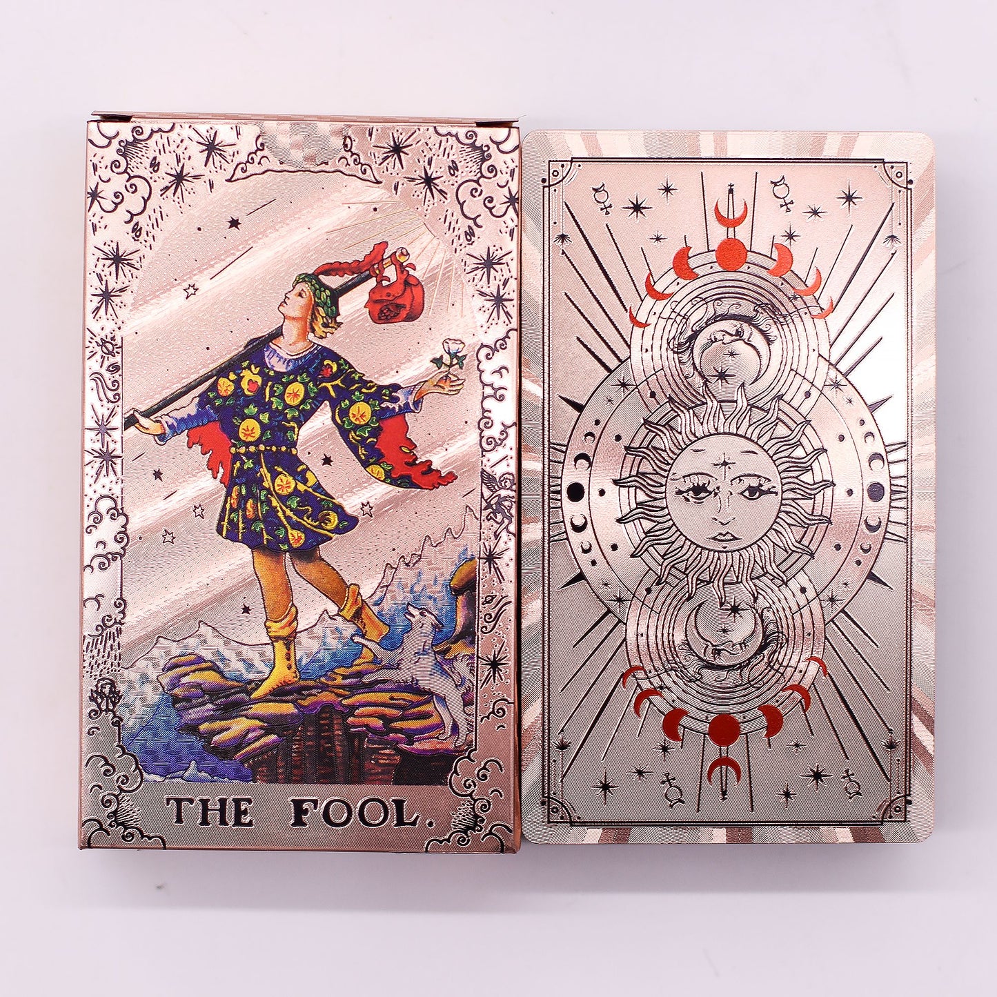 Set de cartas de Tarot con foil en oro rosa - Fase lunar - con folleto - Cartas del Tarot y paños de lectura