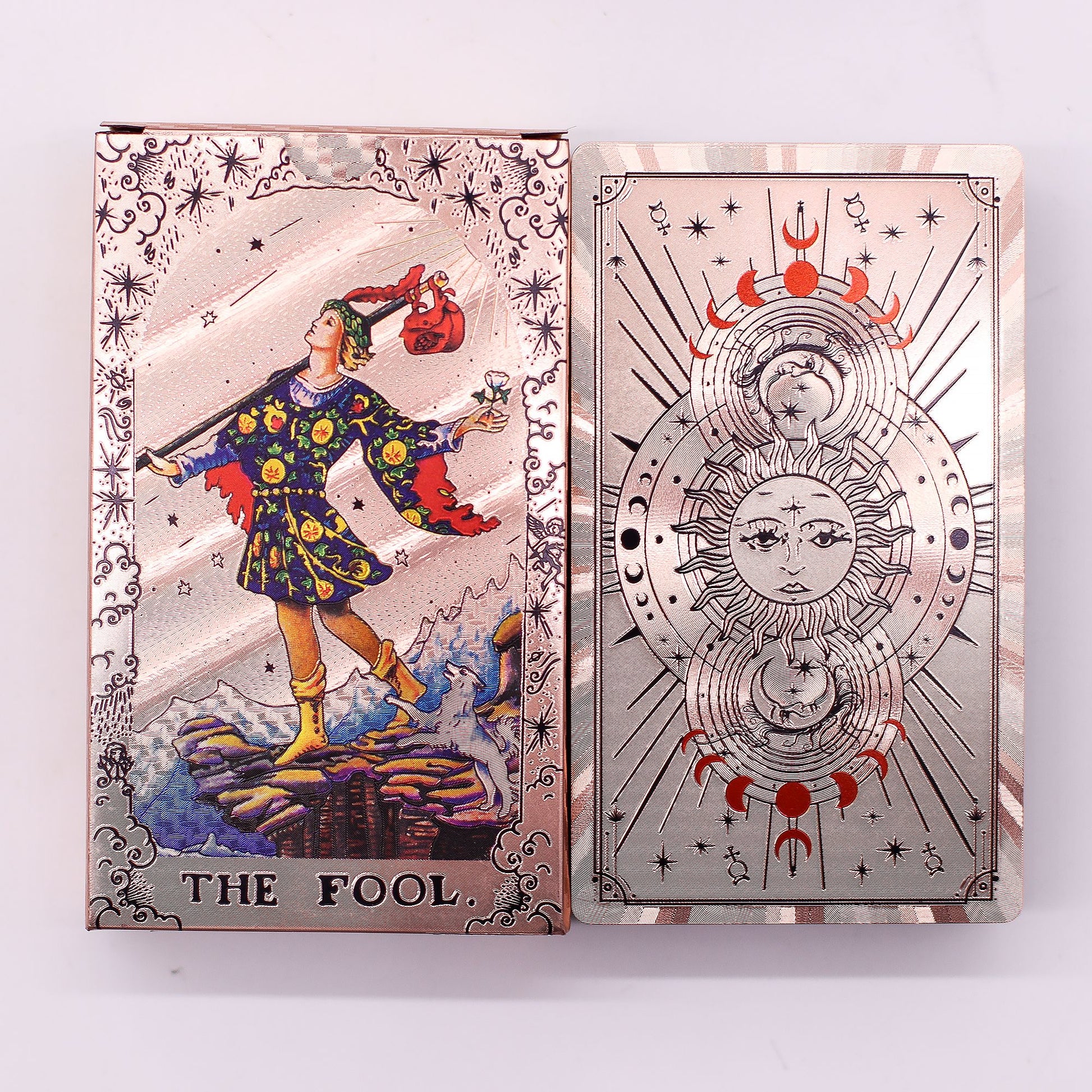 Set de cartas de Tarot con foil en oro rosa - Fase lunar - con folleto - Cartas del Tarot y paños de lectura