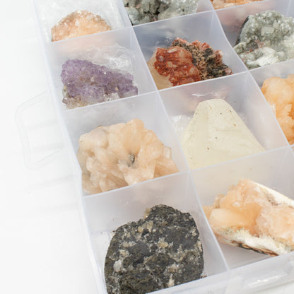 Muestras minerales - Zeolitas mixtas de la India en una vitrina (Apofilita blanca, Estilbita, Cuarzo dedo, Amatista, Estilbit