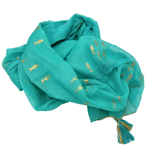 Colección Nómada Sari Mediterráneo - Pareo - Diseño de Peces en Turquesa y Oro | Colección Mediterránea Nomad Sari | El Bazar