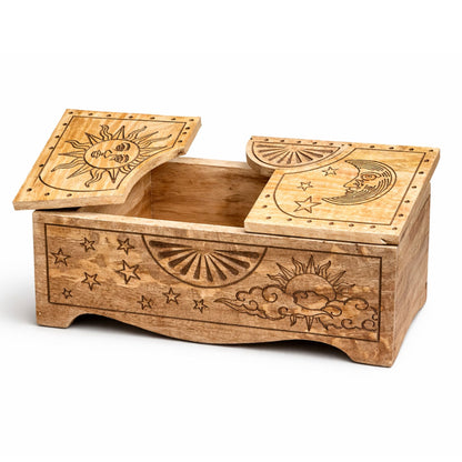 Caja deslizante tallada con Sol y Luna