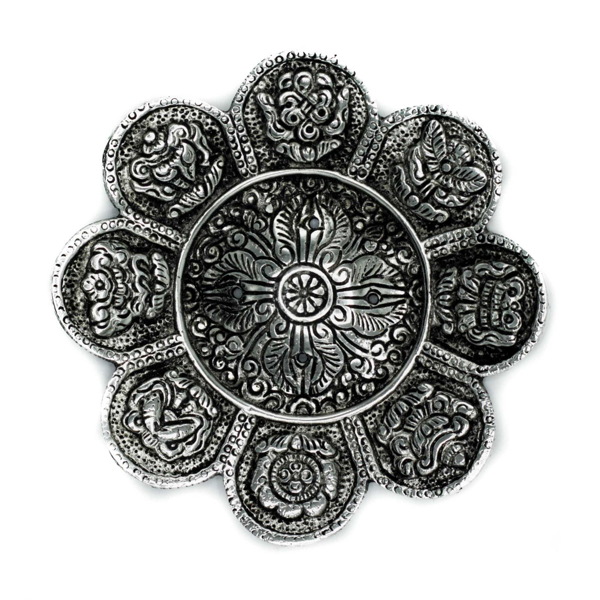 PortaIncienso Símbolos Tibetanos Aluminio Pulido 12cm - Portainciensos de aluminio hechos a mano