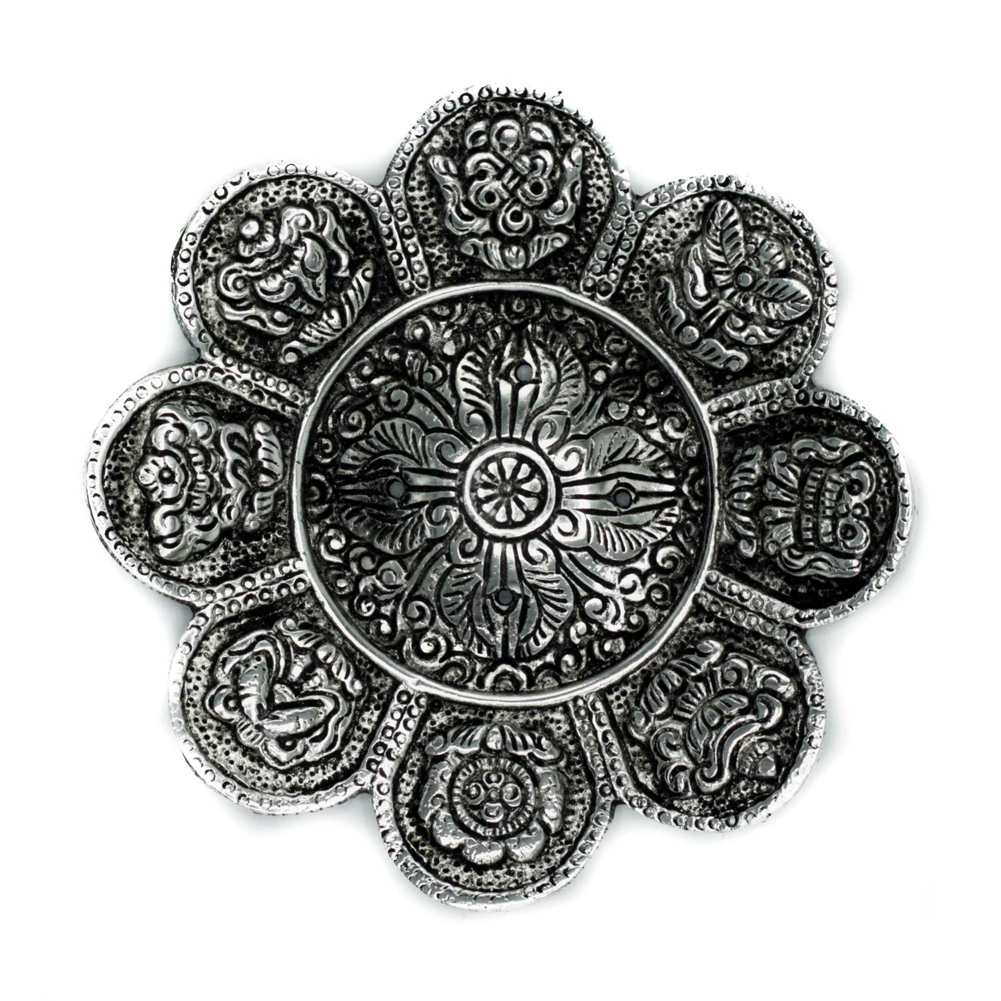 PortaIncienso Símbolos Tibetanos Aluminio Pulido 12cm - Portainciensos de aluminio hechos a mano