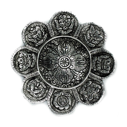 PortaIncienso Símbolos Tibetanos Aluminio Pulido 12cm - Portainciensos de aluminio hechos a mano